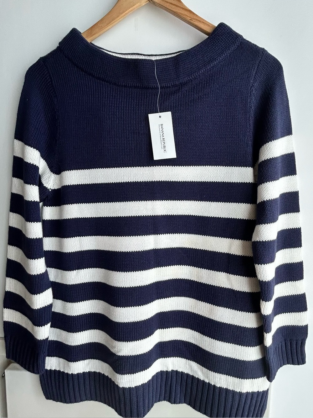 Banana Republic Women’s Navy & White Stripe Boatneck Sweater with 3/4 Sleeves
